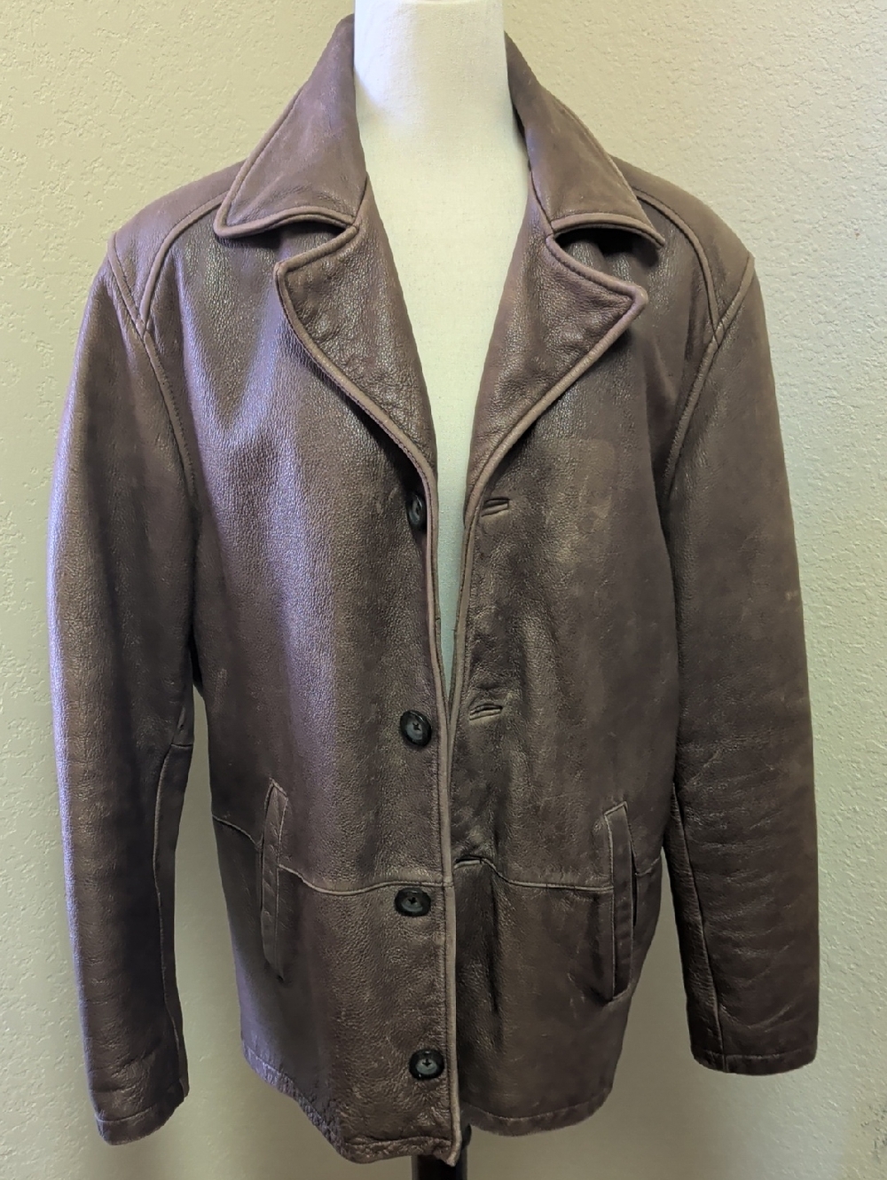 Guess Men's Vintage Genuine Brown Distressed Leather Collared Jacket Size Small